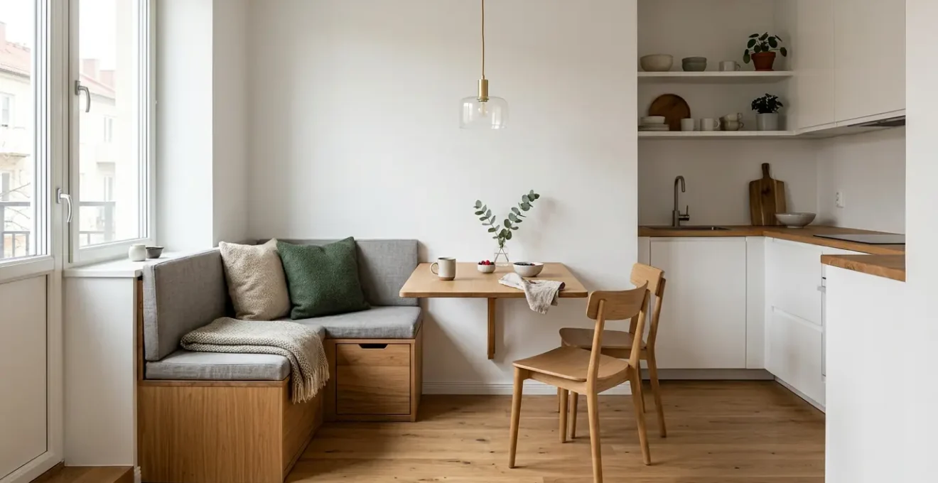 Espace cuisine compact optimisé avec coin repas fonctionnel et ambiance chaleureuse