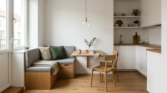 Espace cuisine compact optimisé avec coin repas fonctionnel et ambiance chaleureuse