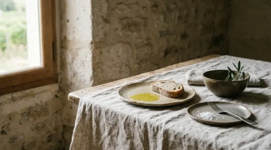 Table dressée avec des assiettes en céramique artisanale française aux formes organiques et émaux naturels