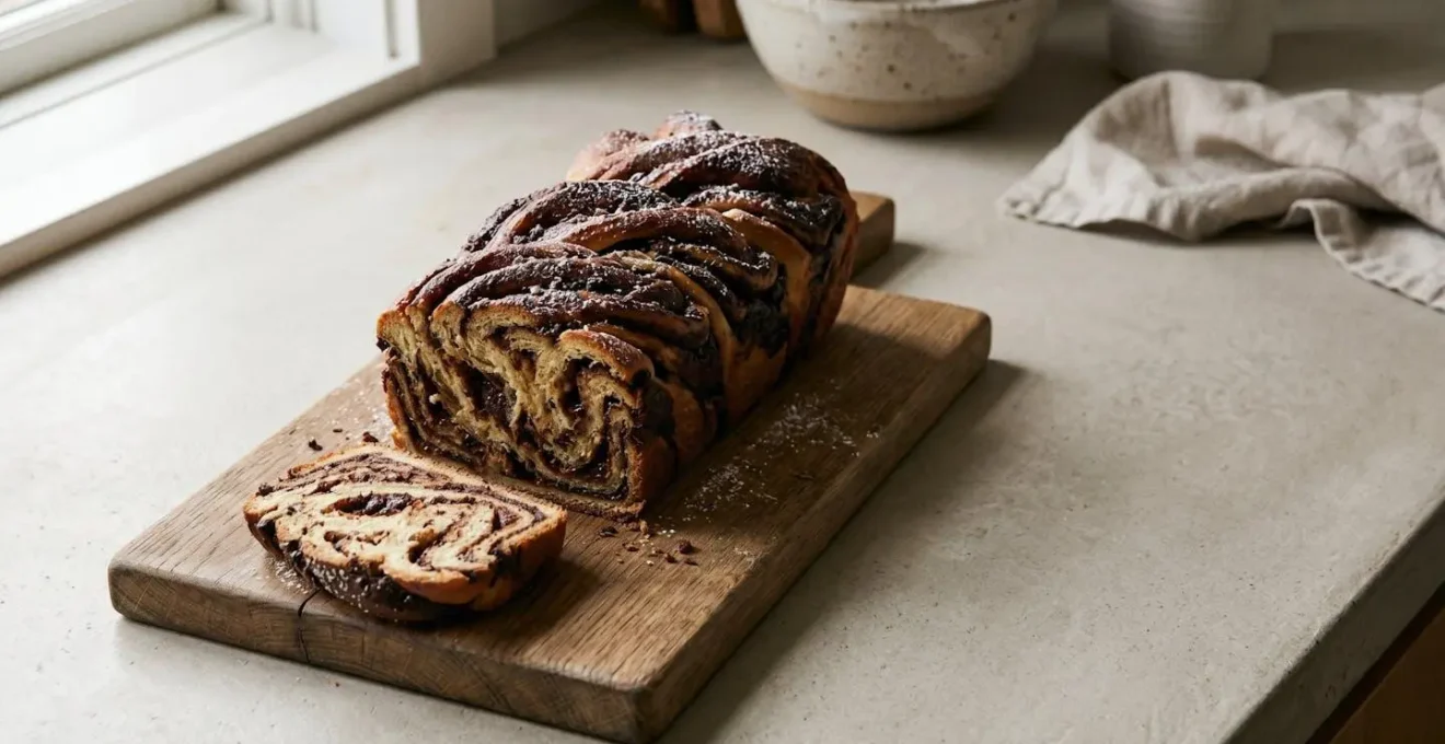 Babka au chocolat fraîchement tressée avec un marbrage généreux, posée sur un plan de travail en bois