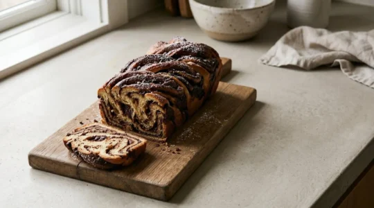 Babka au chocolat fraîchement tressée avec un marbrage généreux, posée sur un plan de travail en bois