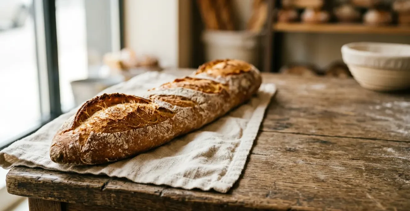 Baguette de tradition française artisanale avec croûte dorée et croustillante posée sur une surface naturelle