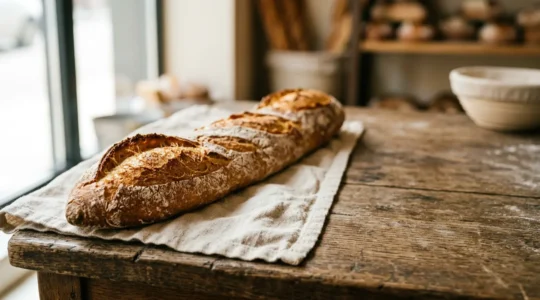Baguette de tradition française artisanale avec croûte dorée et croustillante posée sur une surface naturelle