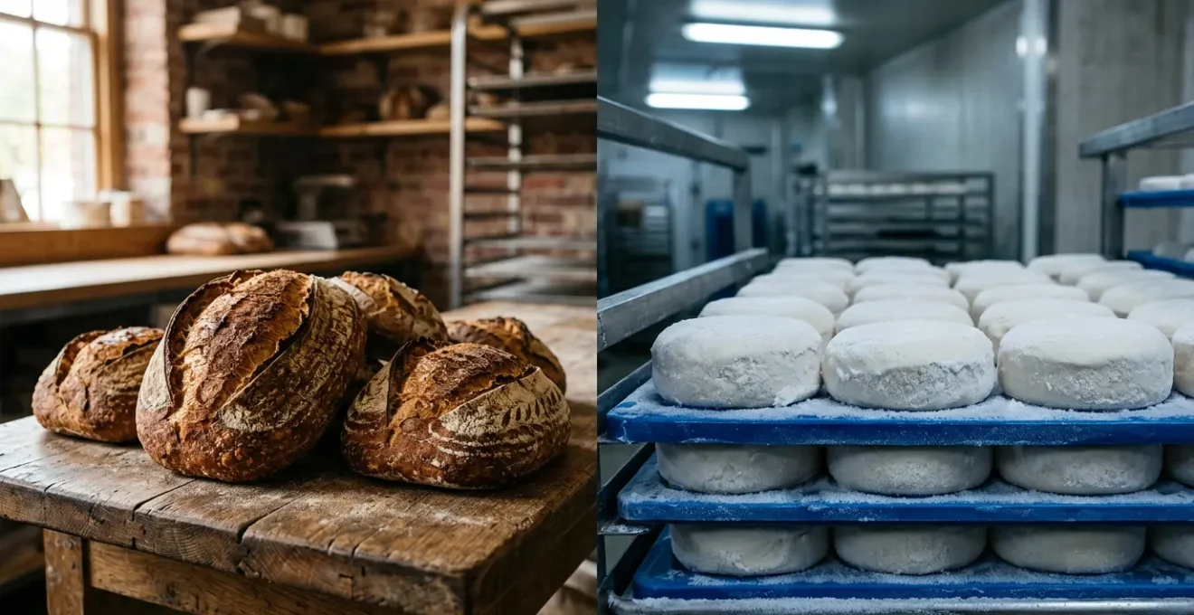 Comparaison visuelle entre pain artisanal et pain industriel surgelé en boulangerie