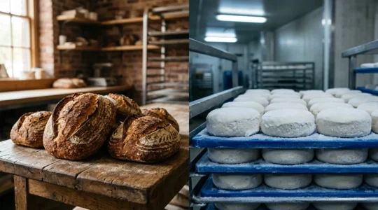 Comparaison visuelle entre pain artisanal et pain industriel surgelé en boulangerie