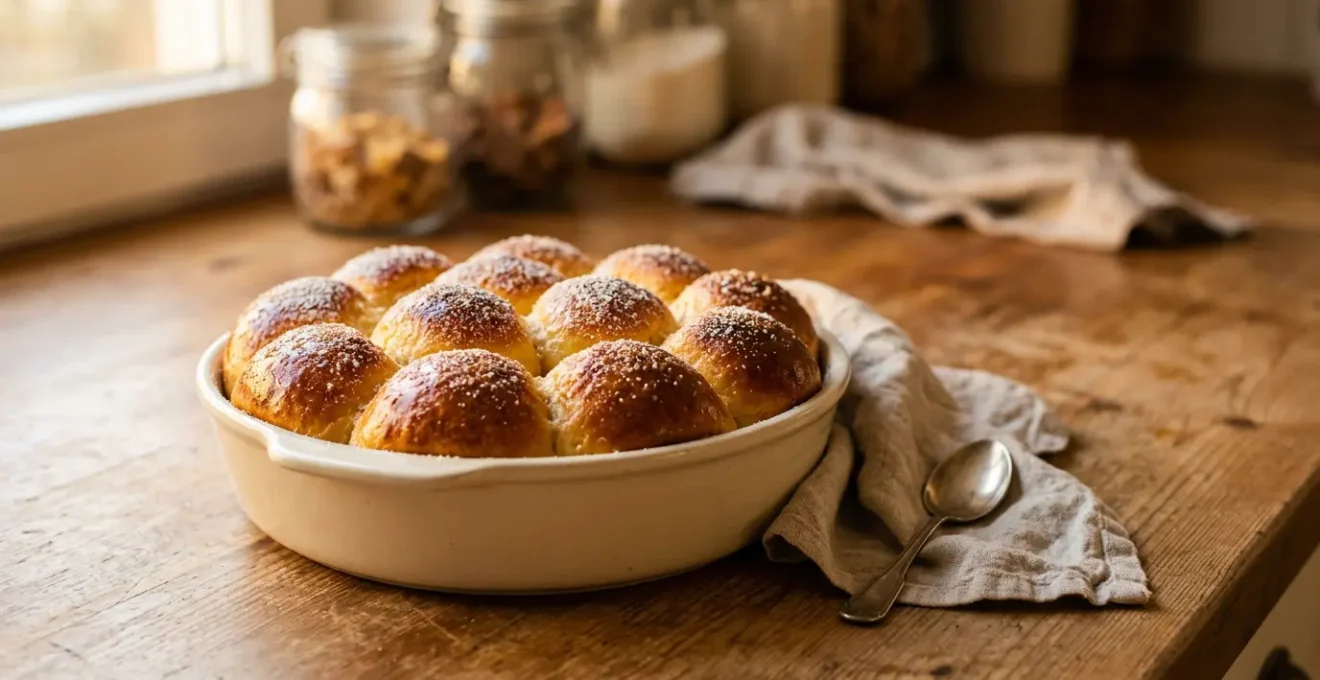Boules de brioche Buchteln autrichiennes dorées collées entre elles dans un plat de cuisson