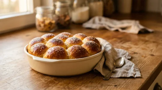 Boules de brioche Buchteln autrichiennes dorées collées entre elles dans un plat de cuisson