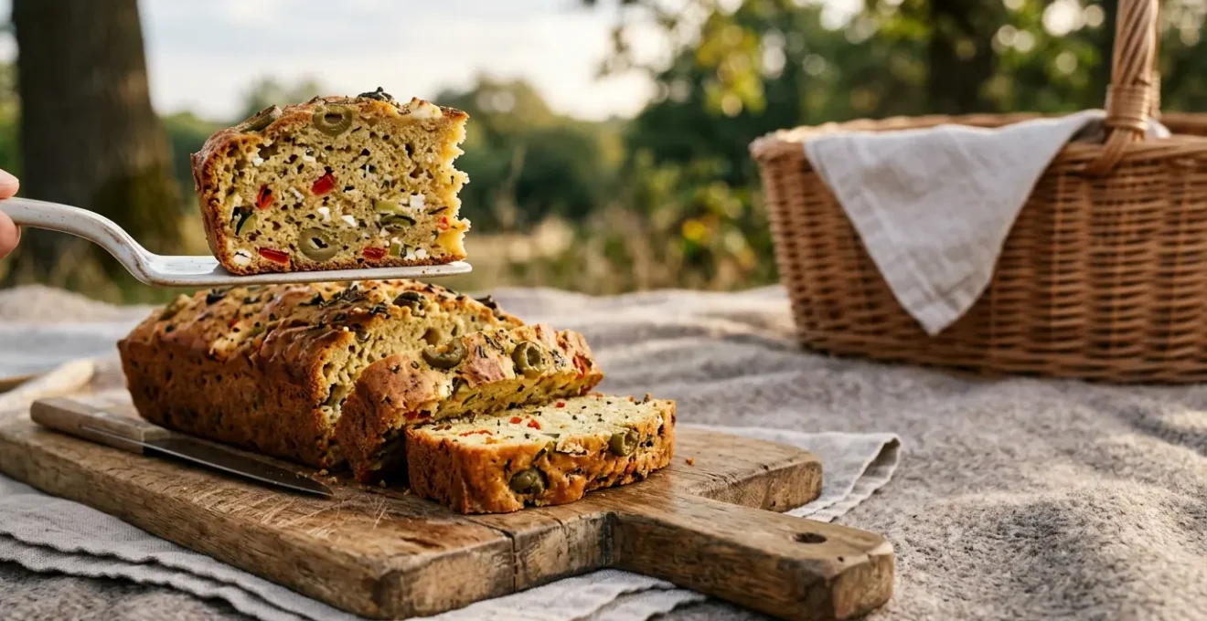 Tranche de cake salé moelleuse avec garniture répartie uniformément, prête pour le pique-nique