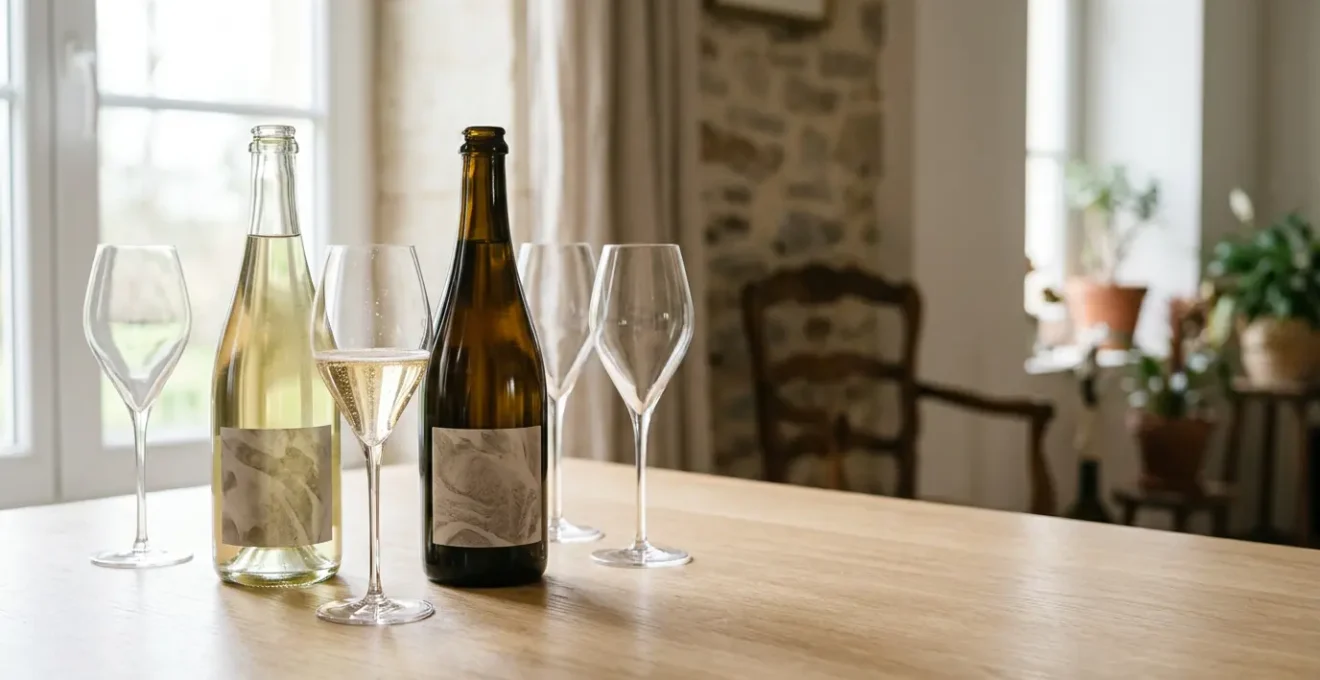Bouteilles de champagne élégantes et verres à dégustation dans une ambiance festive et raffinée