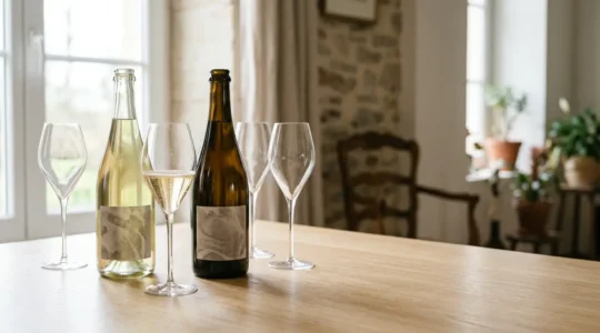 Bouteilles de champagne élégantes et verres à dégustation dans une ambiance festive et raffinée