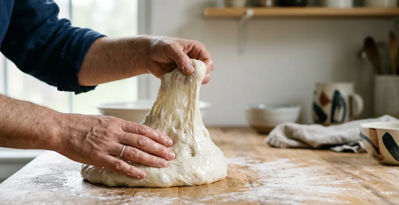 Manipulation d'une pâte à ciabatta très hydratée sur plan de travail fariné