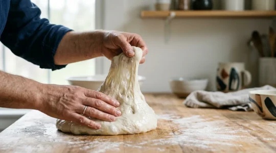 Manipulation d'une pâte à ciabatta très hydratée sur plan de travail fariné
