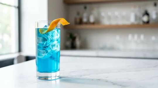 Cocktail Blue Lagoon au bleu électrique intense dans un verre highball minimaliste avec glaçons transparents et zeste d'orange