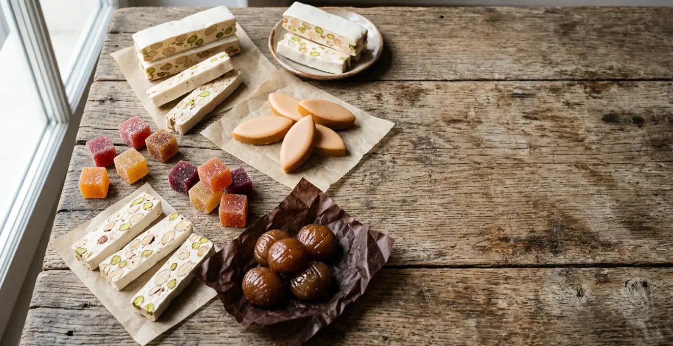 Assortiment authentique de confiseries traditionnelles françaises de Noël sur fond rustique