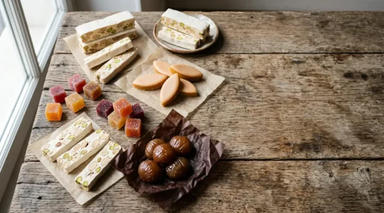 Assortiment authentique de confiseries traditionnelles françaises de Noël sur fond rustique
