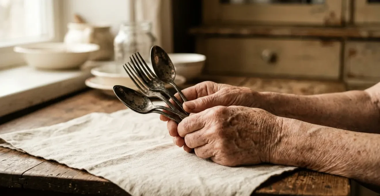 Couverts anciens en argent massif oxydes sur surface textile avant restauration
