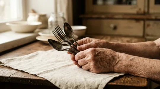 Couverts anciens en argent massif oxydes sur surface textile avant restauration