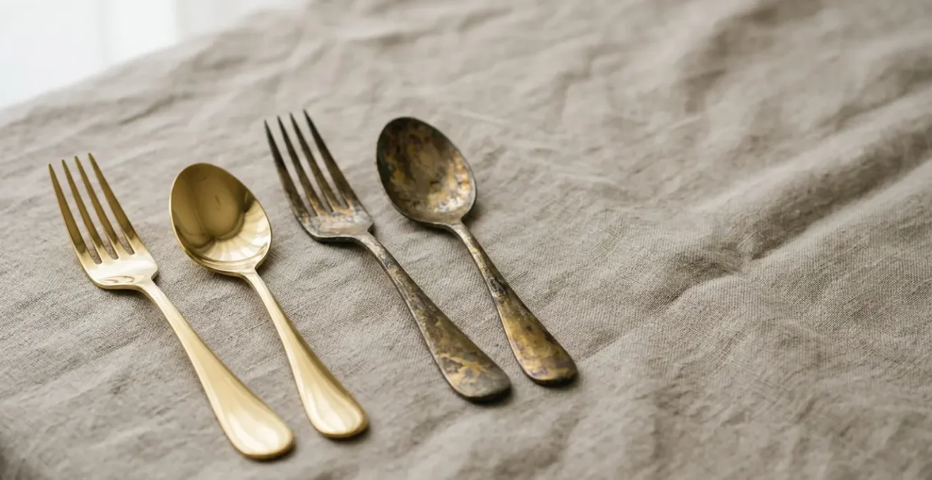 Couverts en laiton doré présentant une perte d'éclat et des traces d'oxydation sur une surface claire