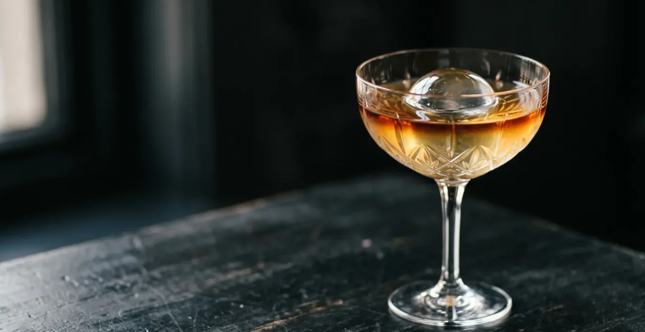 Composition artistique de cocktail illustrant l'équilibre parfait entre le sucré, l'acide et la force alcoolique dans un verre élégant