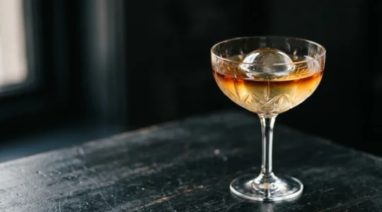 Composition artistique de cocktail illustrant l'équilibre parfait entre le sucré, l'acide et la force alcoolique dans un verre élégant