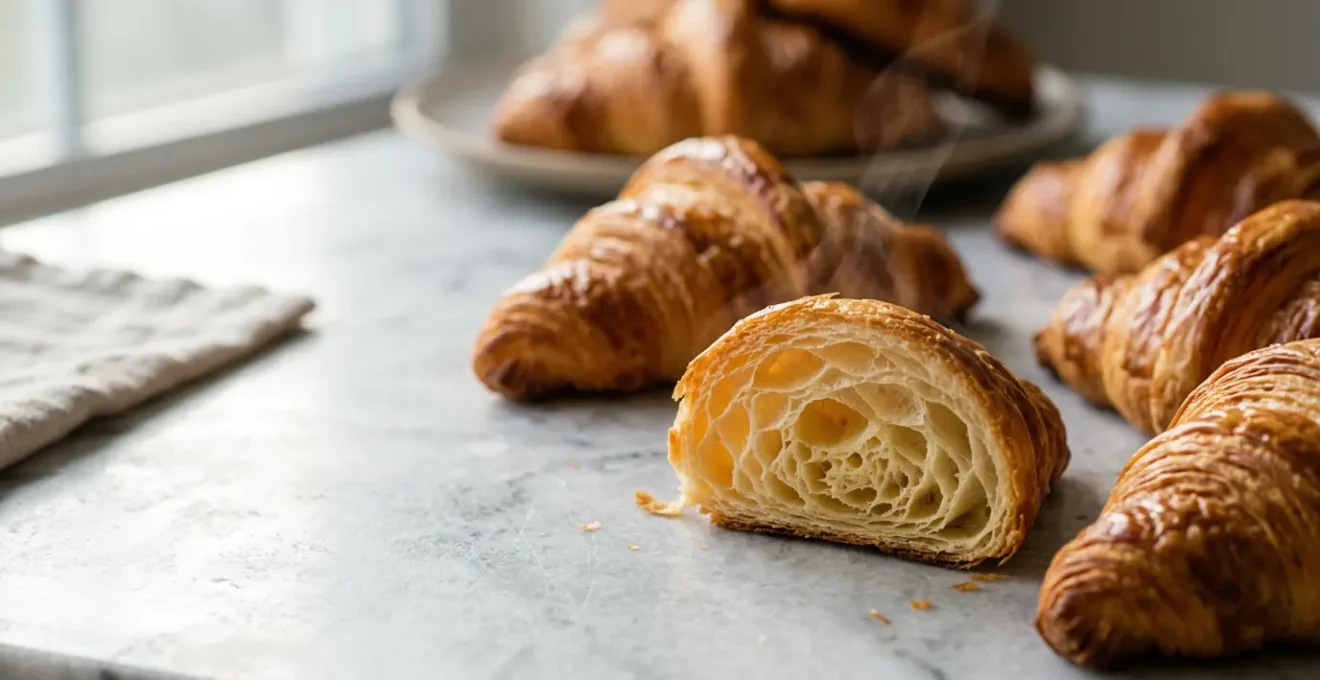 Croissants artisanaux dorés avec alvéoles visibles et texture feuilletée légère sur surface neutre