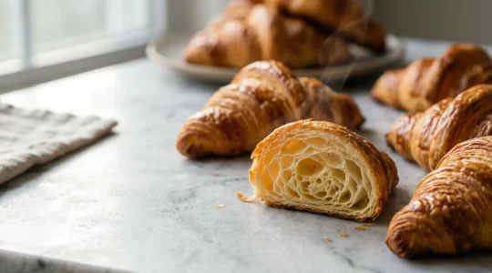 Croissants artisanaux dorés avec alvéoles visibles et texture feuilletée légère sur surface neutre