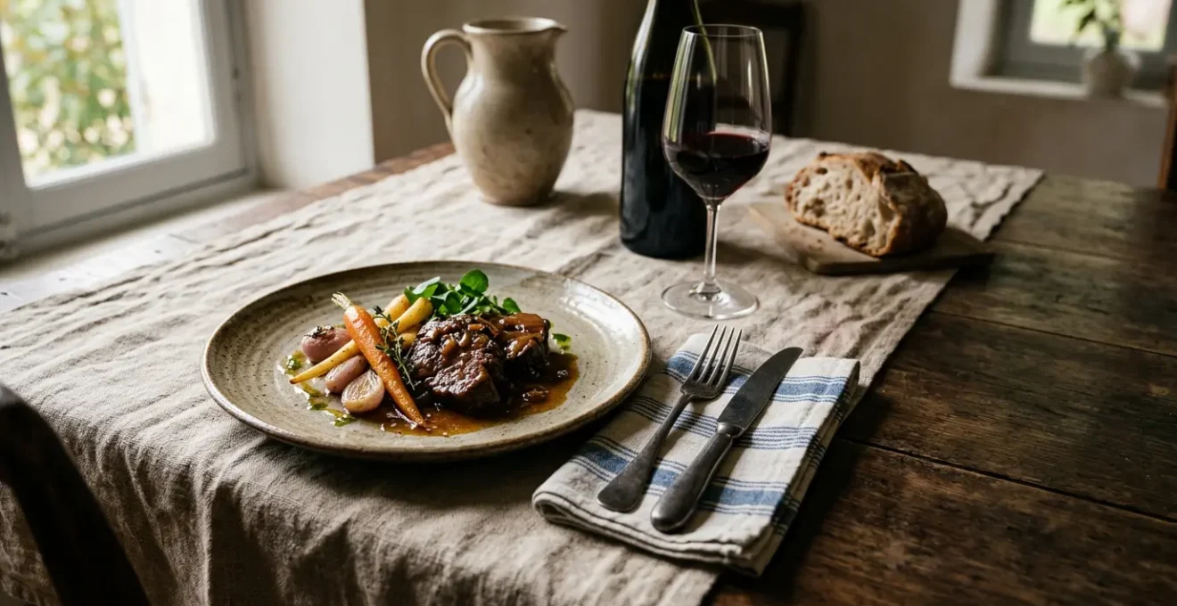 Plat de cuisine française moderne revisitant les classiques du terroir dans une présentation épurée et contemporaine