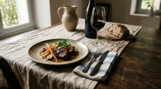 Plat de cuisine française moderne revisitant les classiques du terroir dans une présentation épurée et contemporaine