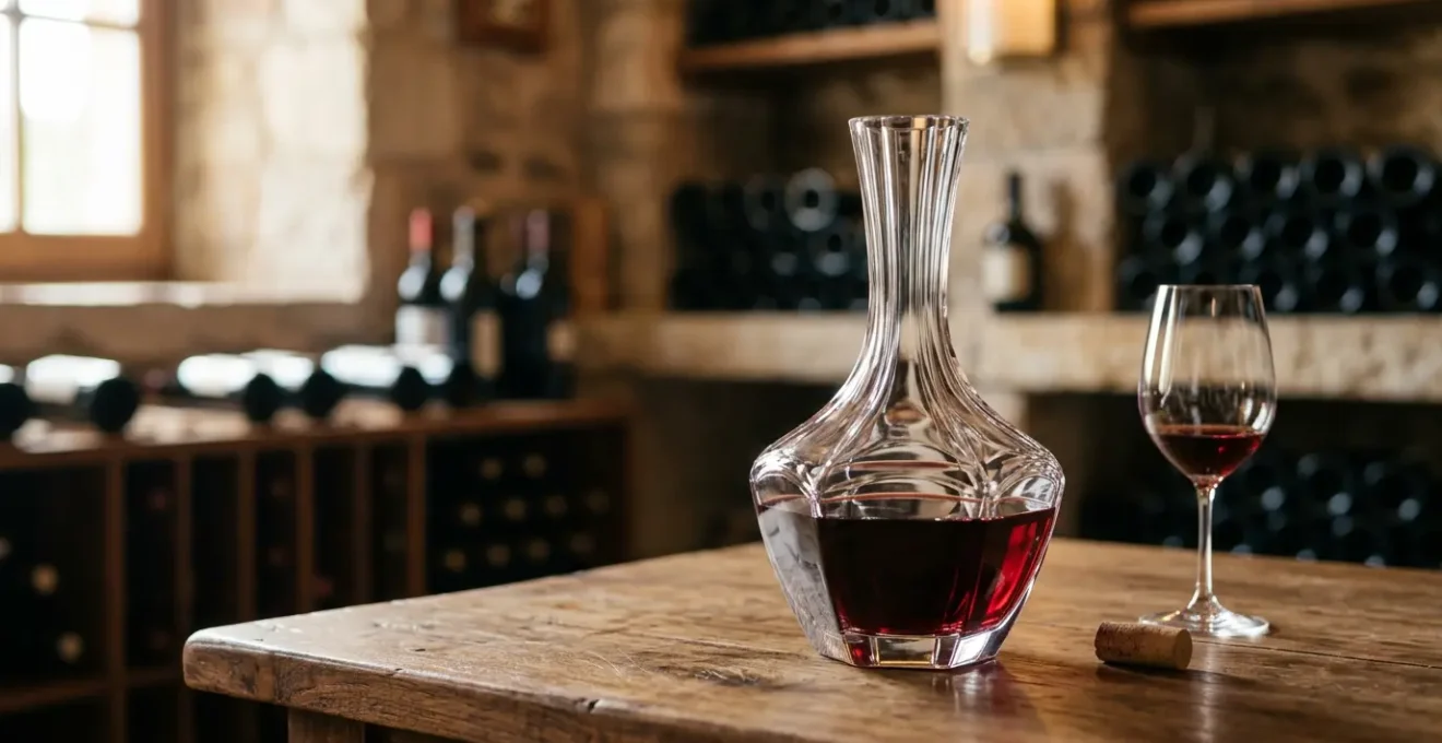 Carafe à décanter en cristal remplie de vin rouge sur une table élégante avec bouteille ouverte en arrière-plan
