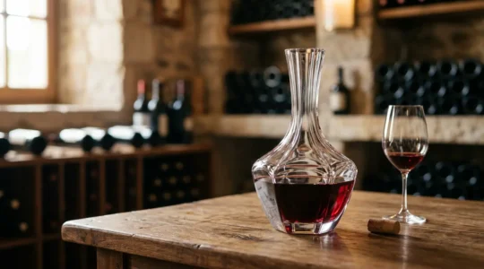 Carafe à décanter en cristal remplie de vin rouge sur une table élégante avec bouteille ouverte en arrière-plan