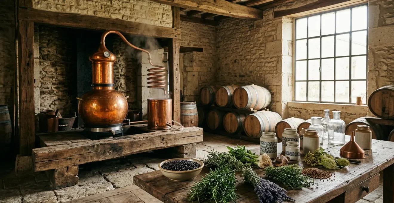 Distillerie artisanale française produisant du gin avec des plantes aromatiques locales