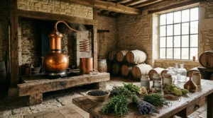 Distillerie artisanale française produisant du gin avec des plantes aromatiques locales