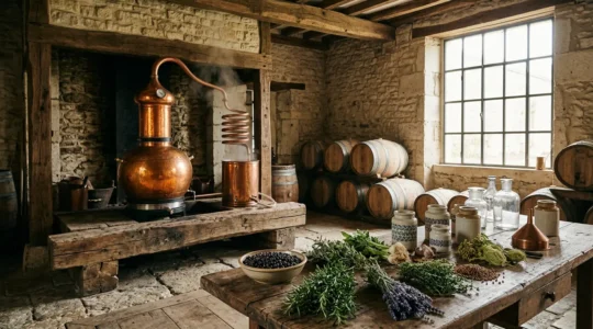 Distillerie artisanale française produisant du gin avec des plantes aromatiques locales