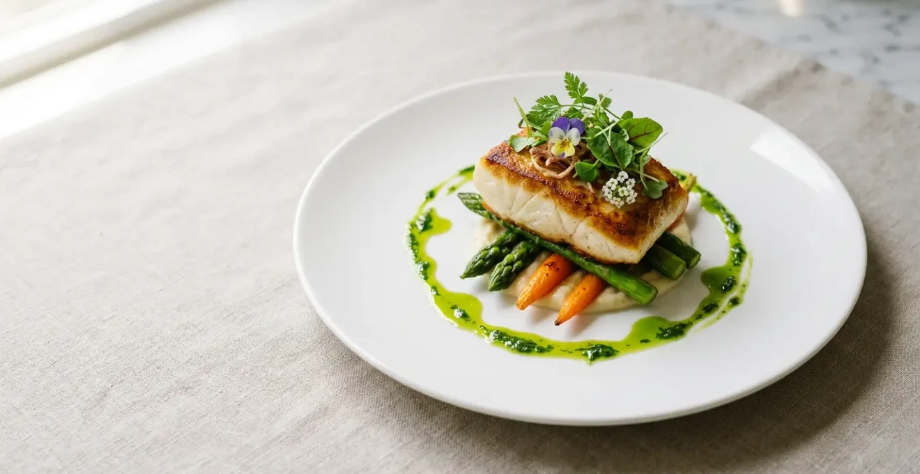 Dressage culinaire raffiné d'une assiette gastronomique avec composition verticale et jeu de couleurs naturelles