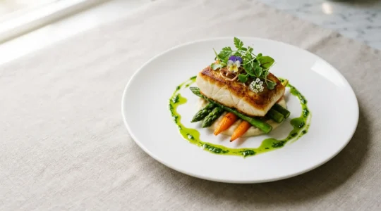 Dressage culinaire raffiné d'une assiette gastronomique avec composition verticale et jeu de couleurs naturelles