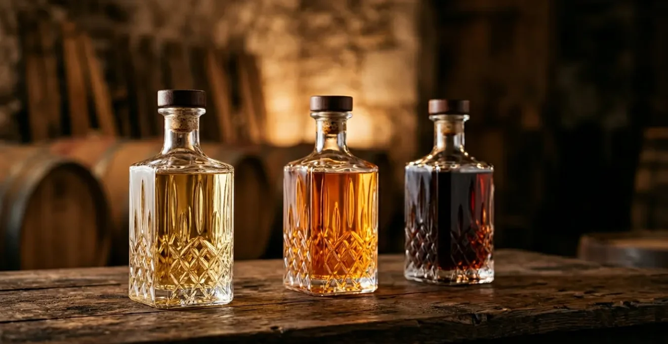 Trois bouteilles de cognac de différents âges côte à côte sur une surface en bois sombre avec un éclairage d'ambiance chaleureux