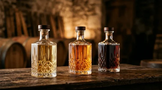 Trois bouteilles de cognac de différents âges côte à côte sur une surface en bois sombre avec un éclairage d'ambiance chaleureux