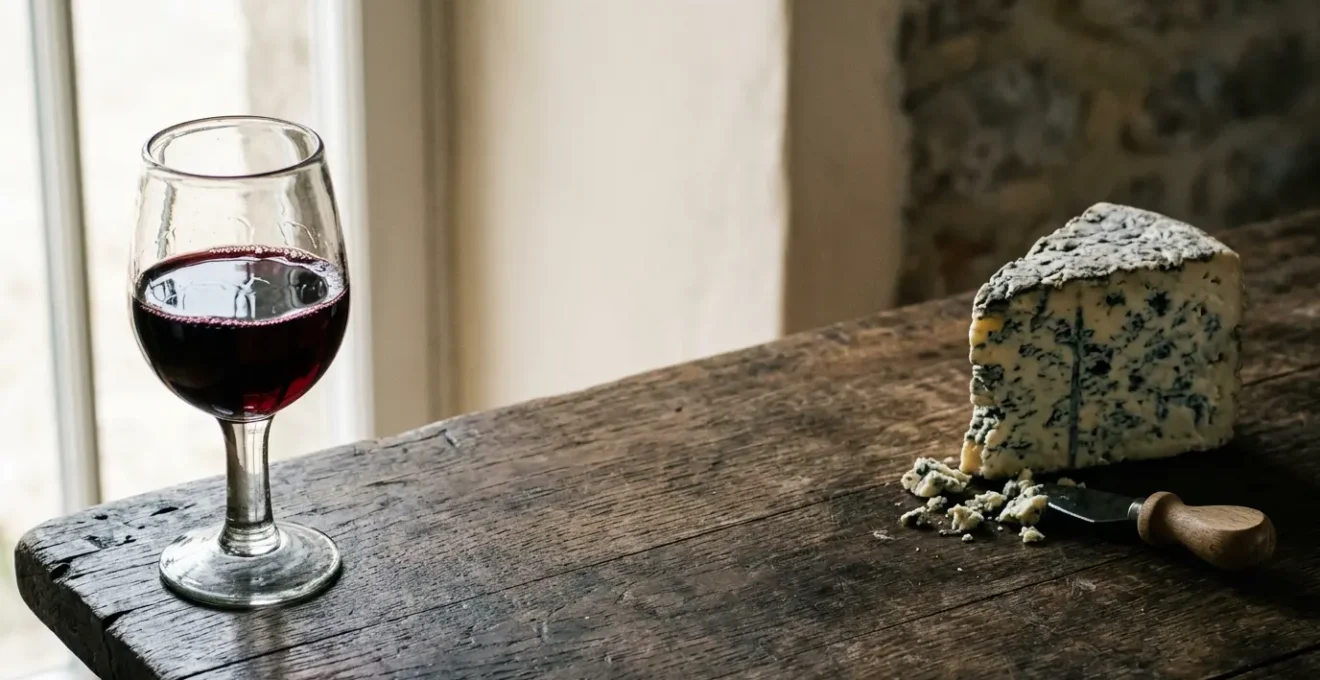 Rencontre minimaliste entre fromage artisanal et verre de vin rouge illustrant le conflit chimique des tanins
