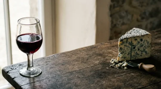 Rencontre minimaliste entre fromage artisanal et verre de vin rouge illustrant le conflit chimique des tanins