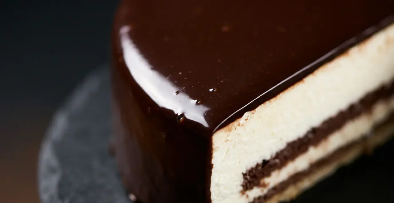 Glaçage miroir au chocolat sur entremets avec reflet parfait et brillance immaculée