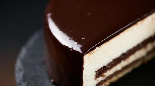 Glaçage miroir au chocolat sur entremets avec reflet parfait et brillance immaculée