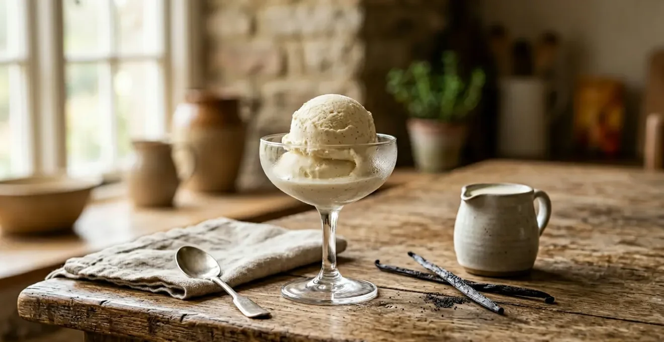 Glace artisanale maison à la texture onctueuse et crémeuse, servie dans une coupe