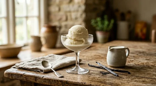 Glace artisanale maison à la texture onctueuse et crémeuse, servie dans une coupe
