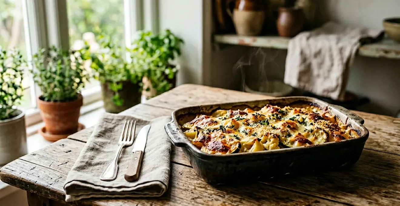 Gratin de légumes bio doré et croustillant sortant du four avec une texture crémeuse et des légumes de saison colorés