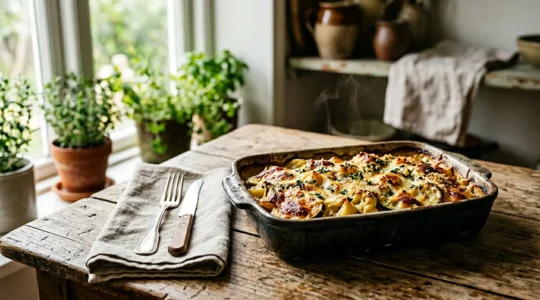 Gratin de légumes bio doré et croustillant sortant du four avec une texture crémeuse et des légumes de saison colorés