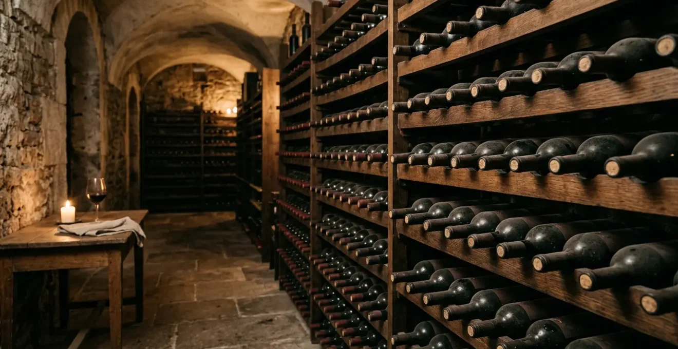 Scène élégante d'une cave à vin avec rangées de bouteilles de grands crus dans une lumière tamisée