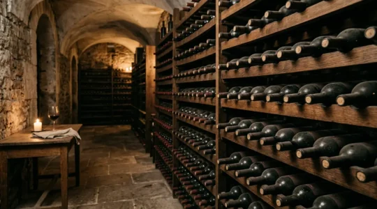 Scène élégante d'une cave à vin avec rangées de bouteilles de grands crus dans une lumière tamisée