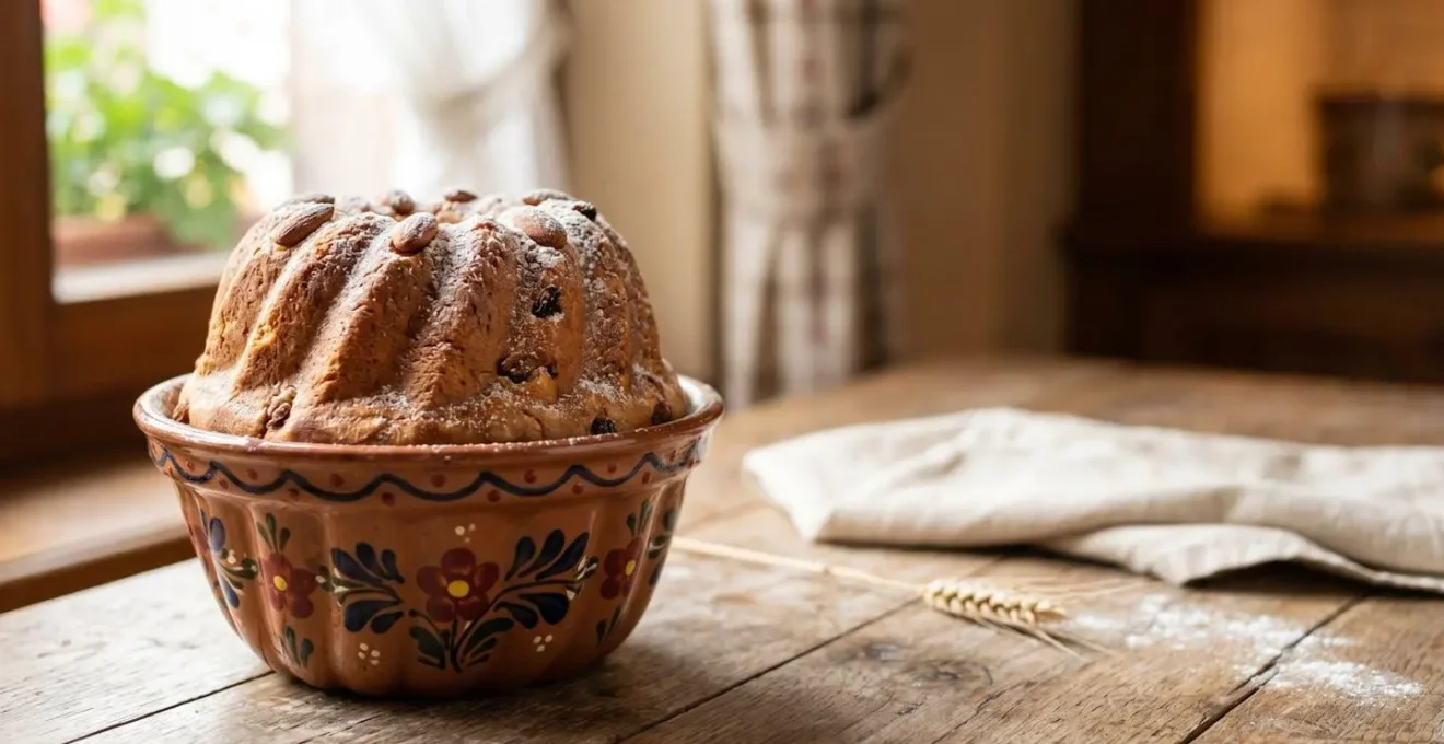Kouglof alsacien traditionnel doré dans son moule en terre cuite de Soufflenheim avec amandes