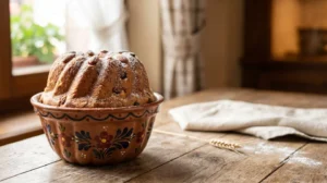 Kouglof alsacien traditionnel doré dans son moule en terre cuite de Soufflenheim avec amandes