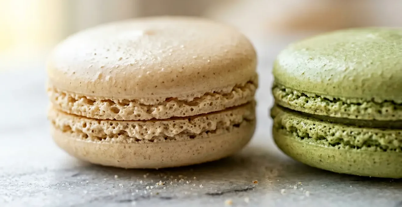Macarons artisanaux avec une collerette parfaite et une surface lisse brillante, symboles de l'excellence en patisserie francaise